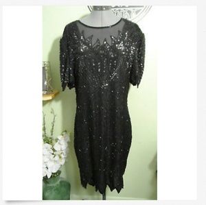 DENISE ELLE Beaded Formal Dress XL Black 100% Silk